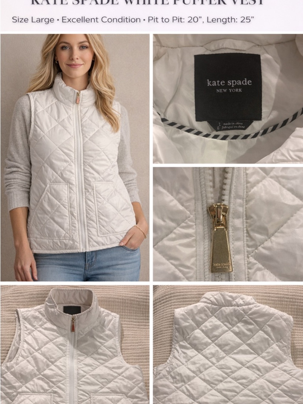 Kate Spade White Quilted Puffer Vest Size L  like new